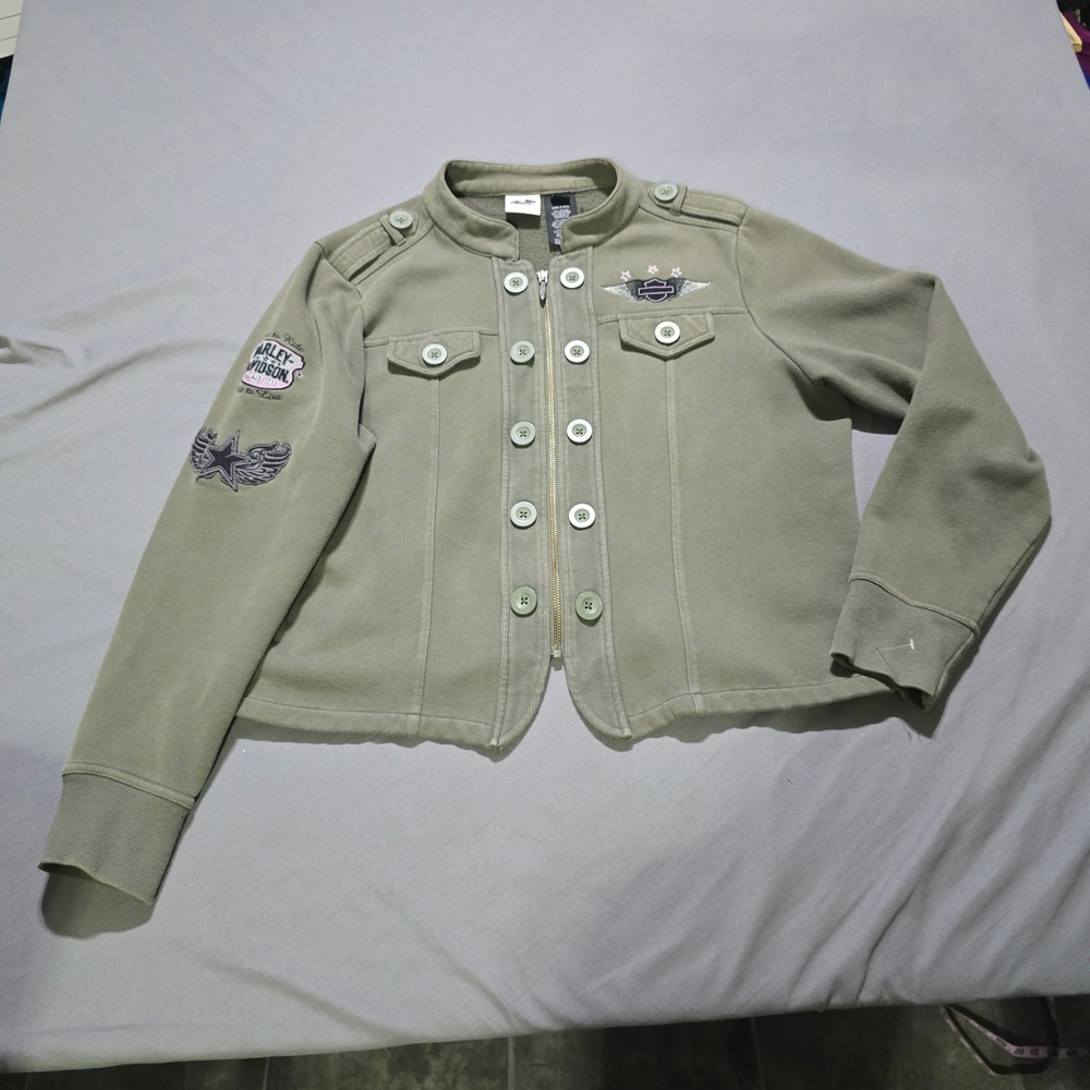 Harley-Davidson Military Jacket Women 1W Olive Green Embroidered Zip Front